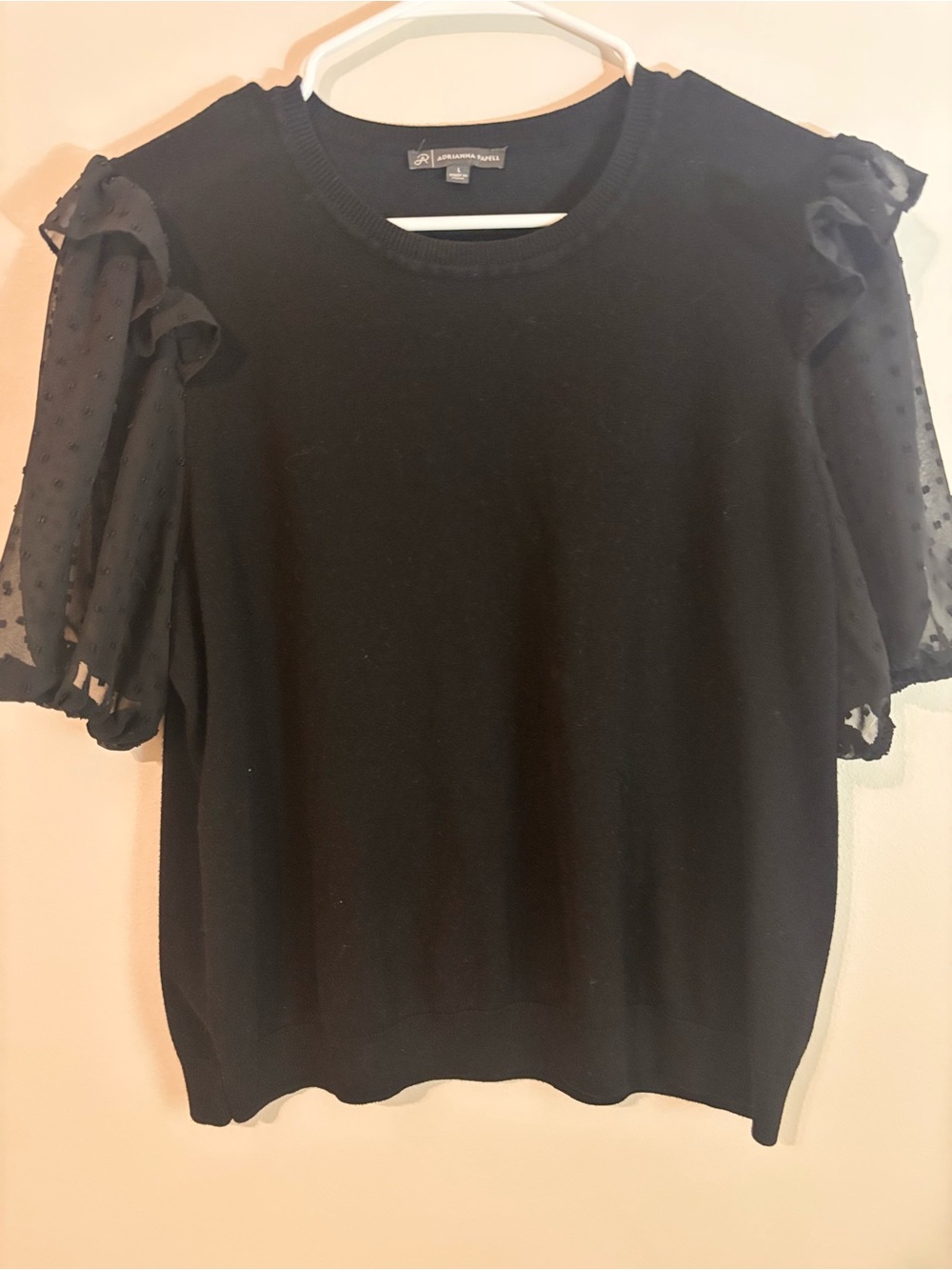 Adrianna Papell Black Knit Top with Swiss Dot Puff Sleeves